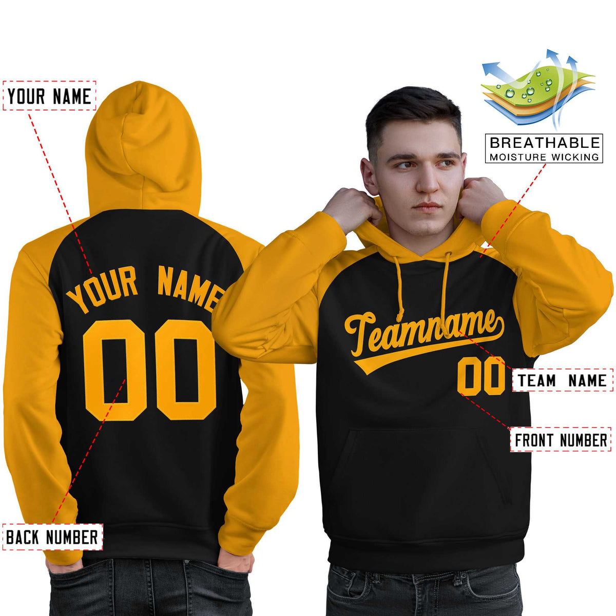 Custom Stitched Black Gold Raglan Sleeves Sports Pullover Sweatshirt Hoodie For Men| KXKSHOP