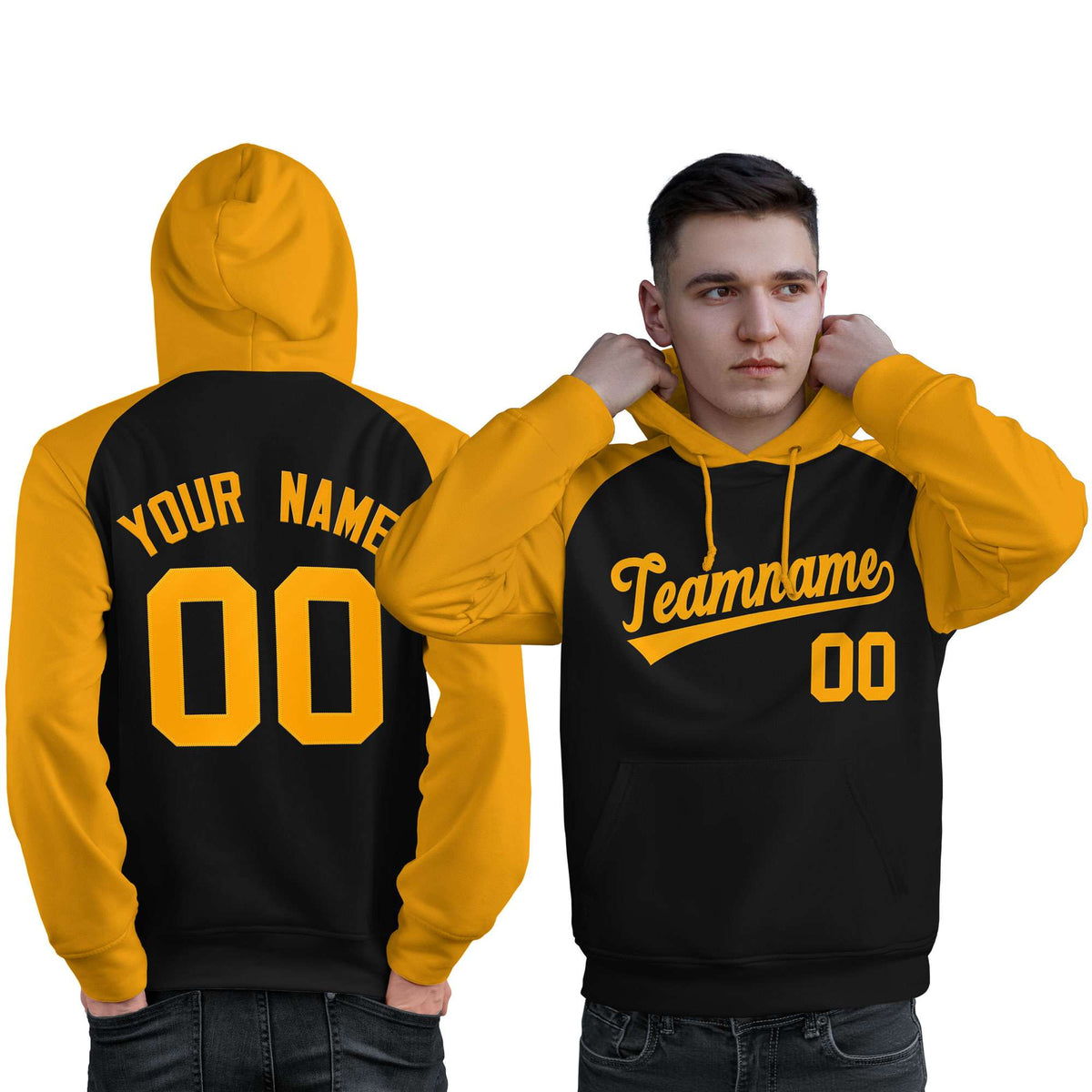 Custom Stitched Black Gold Raglan Sleeves Sports Pullover Sweatshirt Hoodie For Men| KXKSHOP