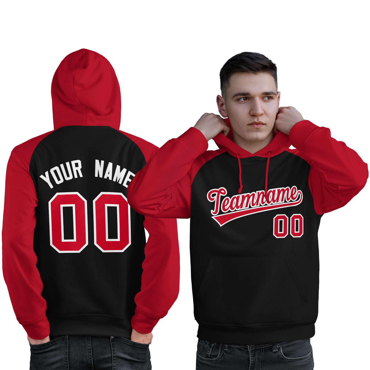 Custom Stitched Black Red Raglan Sleeves Sports Pullover Sweatshirt Hoodie For Men| KXKSHOP