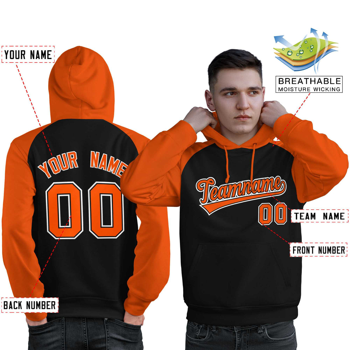 Custom Stitched Black Orange Raglan Sleeves Sports Pullover Sweatshirt Hoodie For Men| KXKSHOP