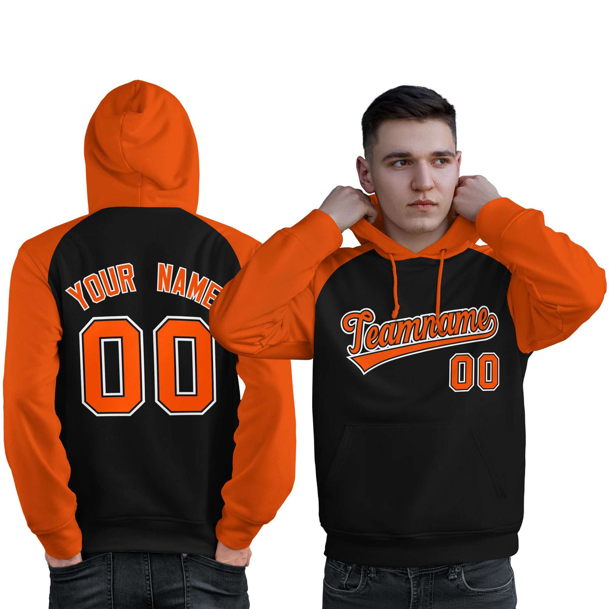 Custom Stitched Black Orange Raglan Sleeves Sports Pullover Sweatshirt Hoodie For Men| KXKSHOP