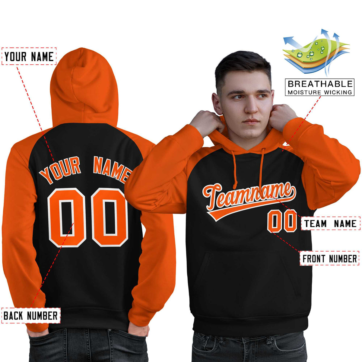 Custom Stitched Black Orange Raglan Sleeves Sports Pullover Sweatshirt Hoodie For Men| KXKSHOP