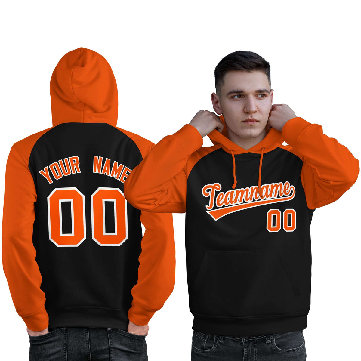 Custom Stitched Black Orange Raglan Sleeves Sports Pullover Sweatshirt Hoodie For Men| KXKSHOP