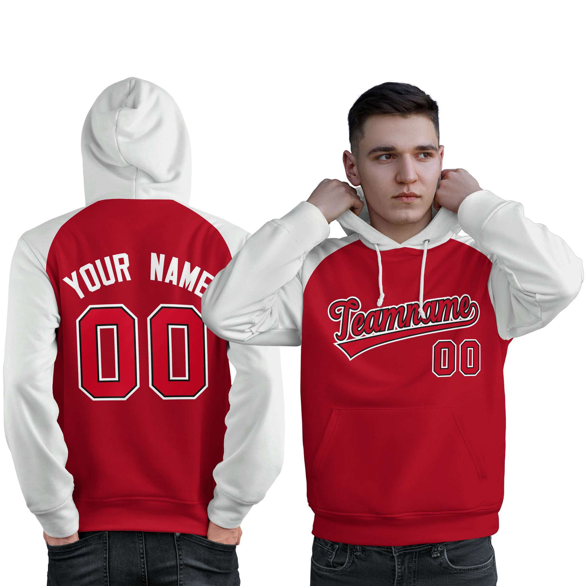 Custom Stitched Red White Raglan Sleeves Sports Pullover Sweatshirt Hoodie For Men| KXKSHOP