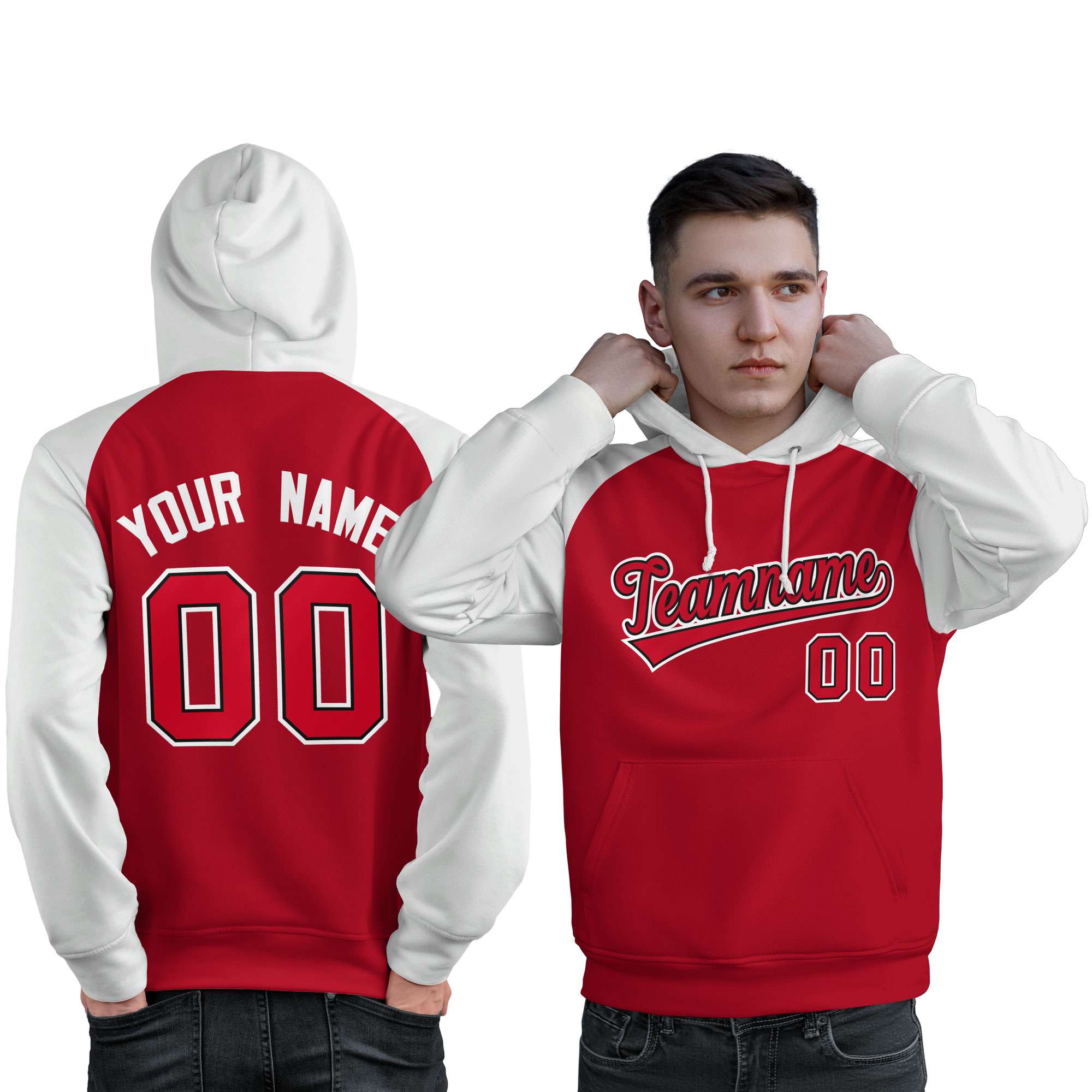 Custom Stitched Red White Raglan Sleeves Sports Pullover Sweatshirt Hoodie For Men| KXKSHOP