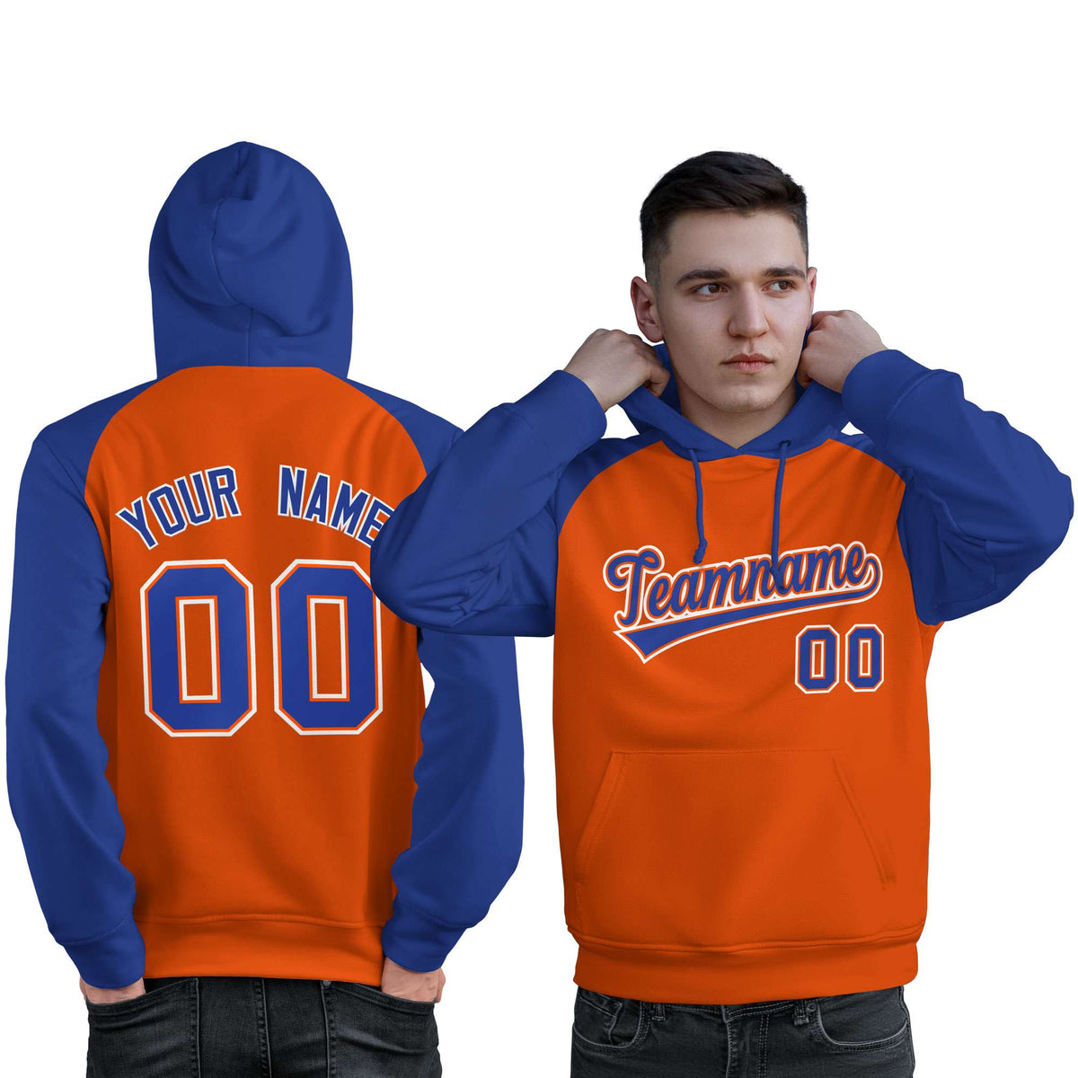 Custom Stitched Orange Royal Raglan Sleeves Sports Pullover Sweatshirt Hoodie For Men| KXKSHOP