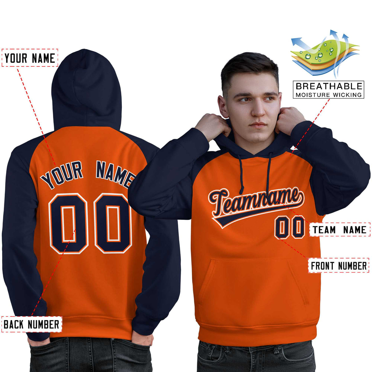 Custom Stitched Orange Navy Raglan Sleeves Sports Pullover Sweatshirt Hoodie For Men| KXKSHOP