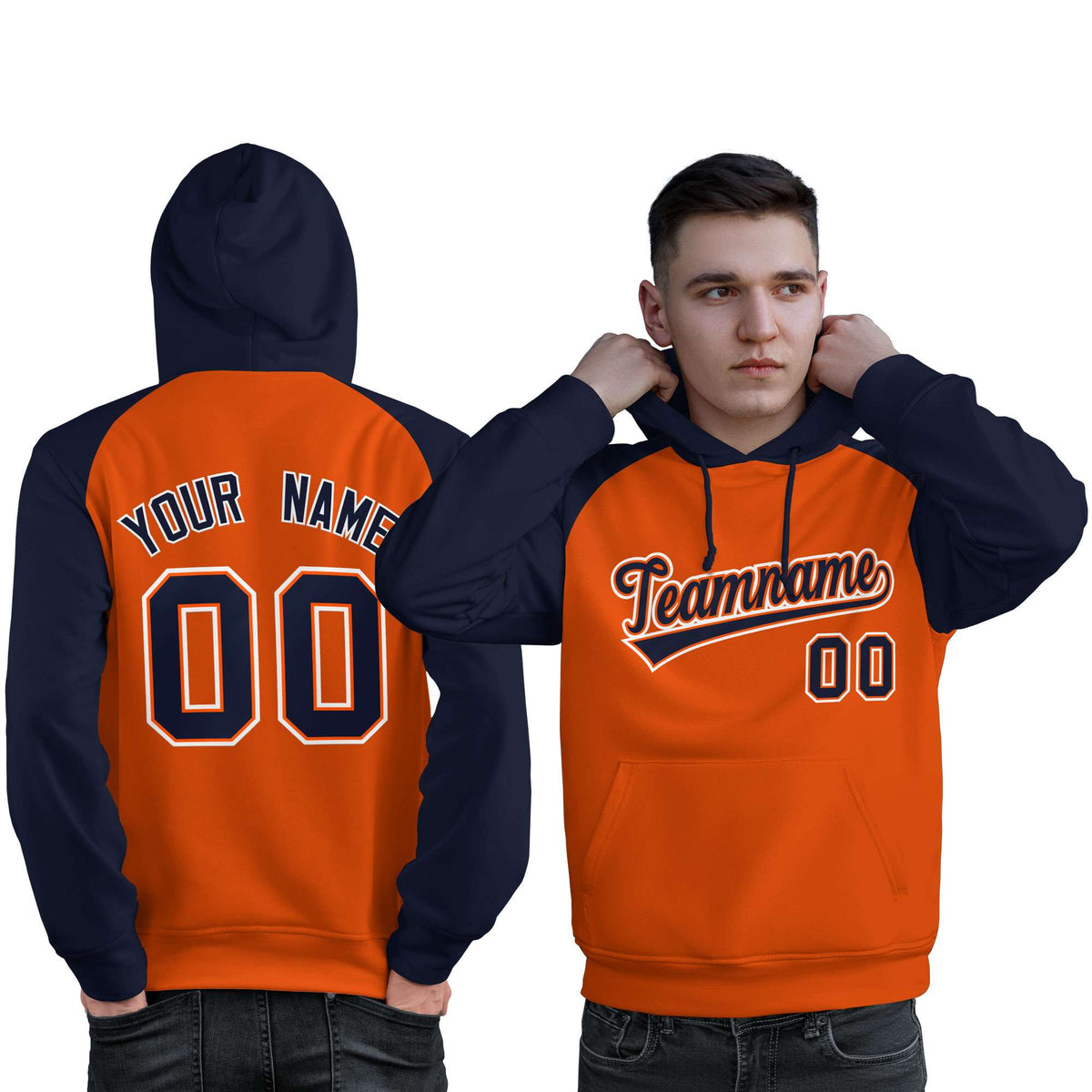 Custom Stitched Orange Navy Raglan Sleeves Sports Pullover Sweatshirt Hoodie For Men| KXKSHOP