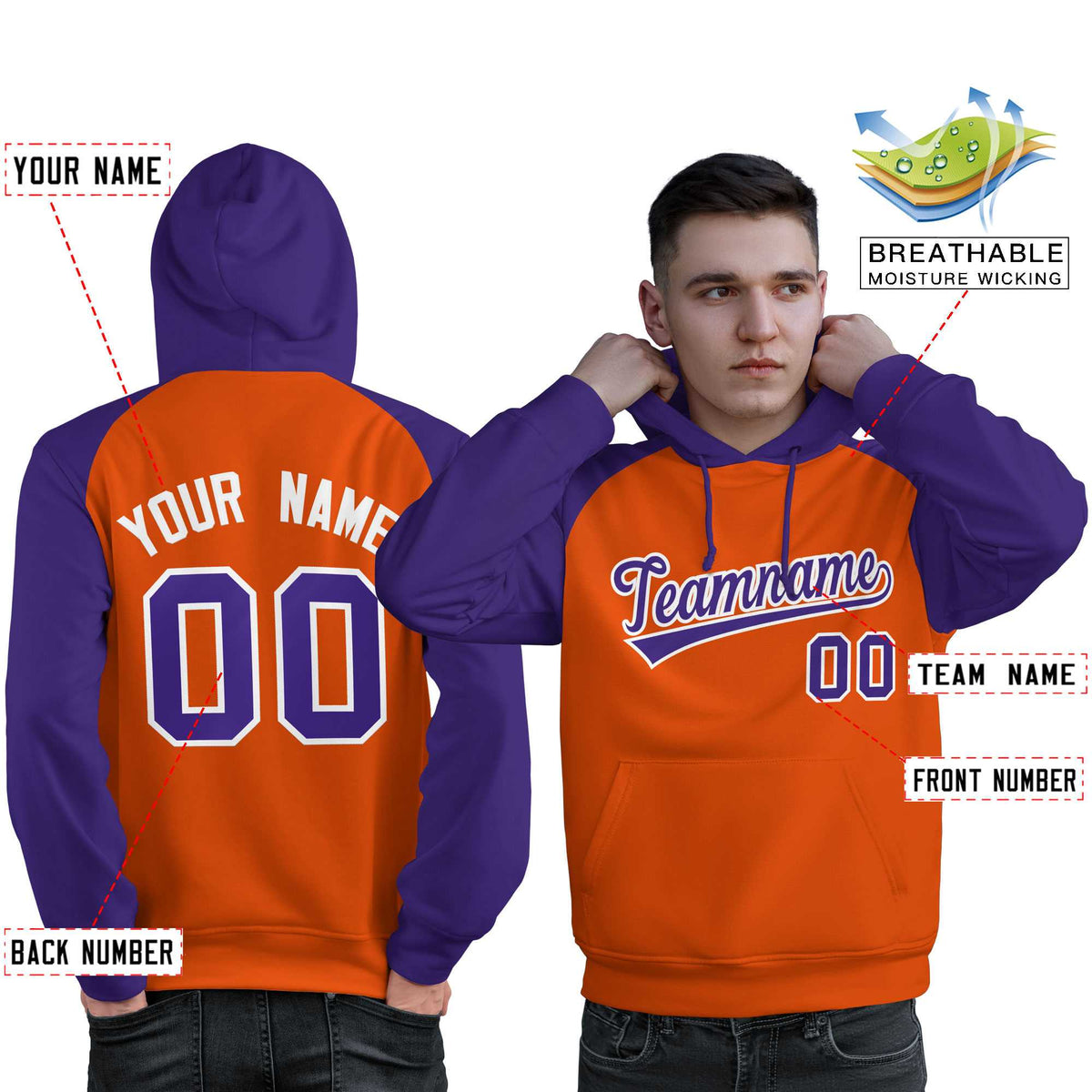 Custom Stitched Orange Purple Raglan Sleeves Sports Pullover Sweatshirt Hoodie For Men| KXKSHOP