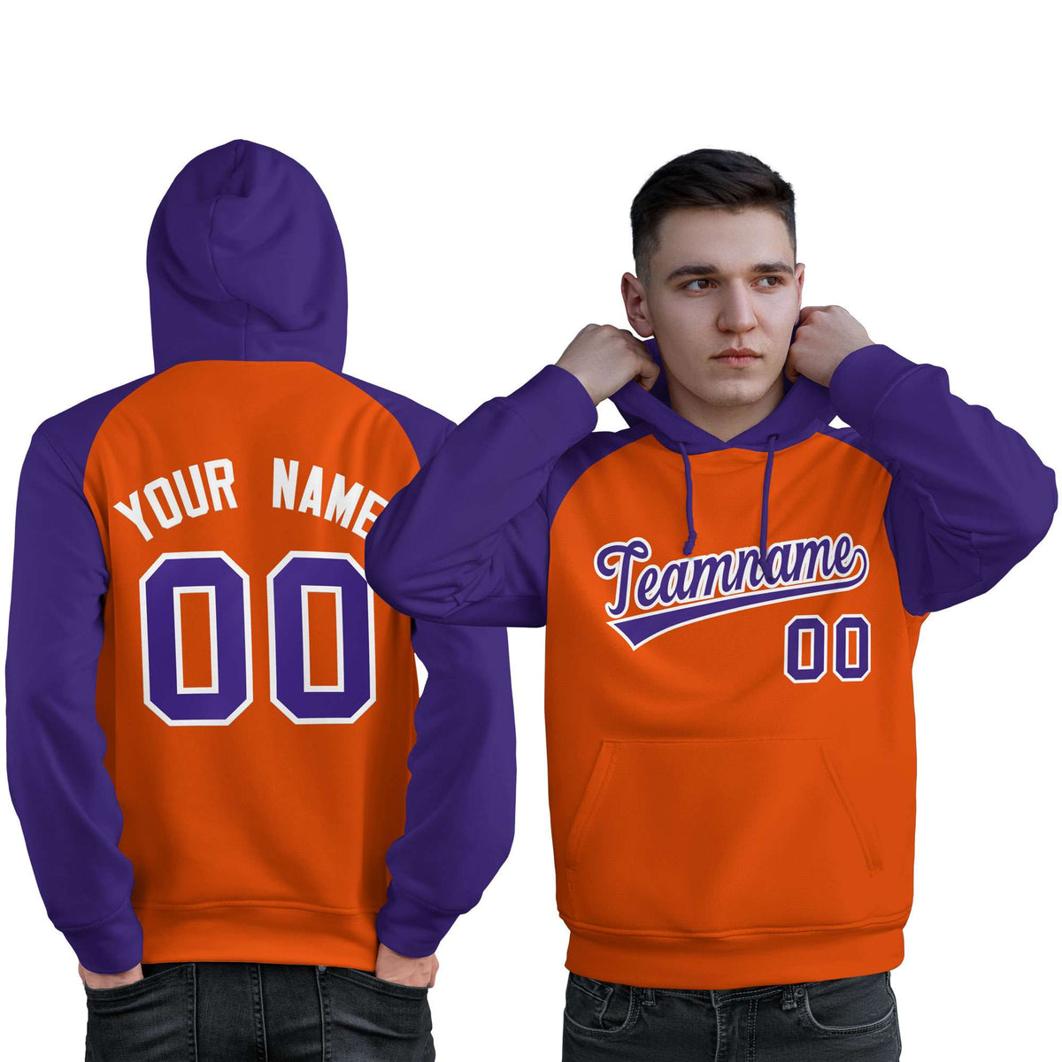 Custom Stitched Orange Purple Raglan Sleeves Sports Pullover Sweatshirt Hoodie For Men| KXKSHOP