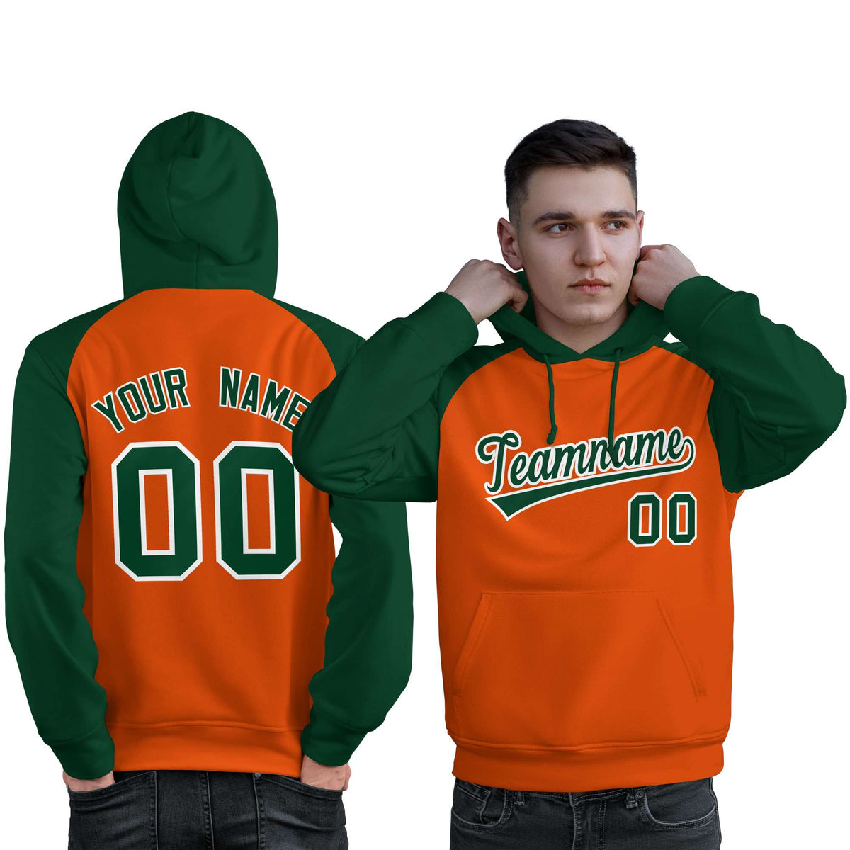 Custom Stitched Orange Green Raglan Sleeves Sports Pullover Sweatshirt Hoodie For Men| KXKSHOP
