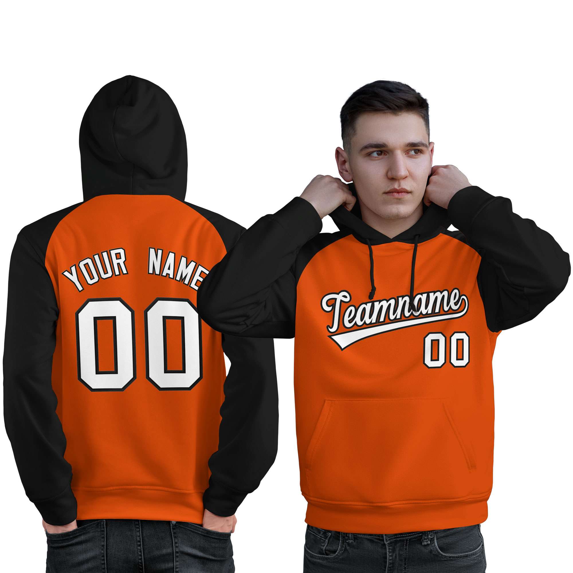 Custom Stitched Orange Black-White Raglan Sleeves Sports Pullover Sweatshirt Hoodie For Men| KXKSHOP