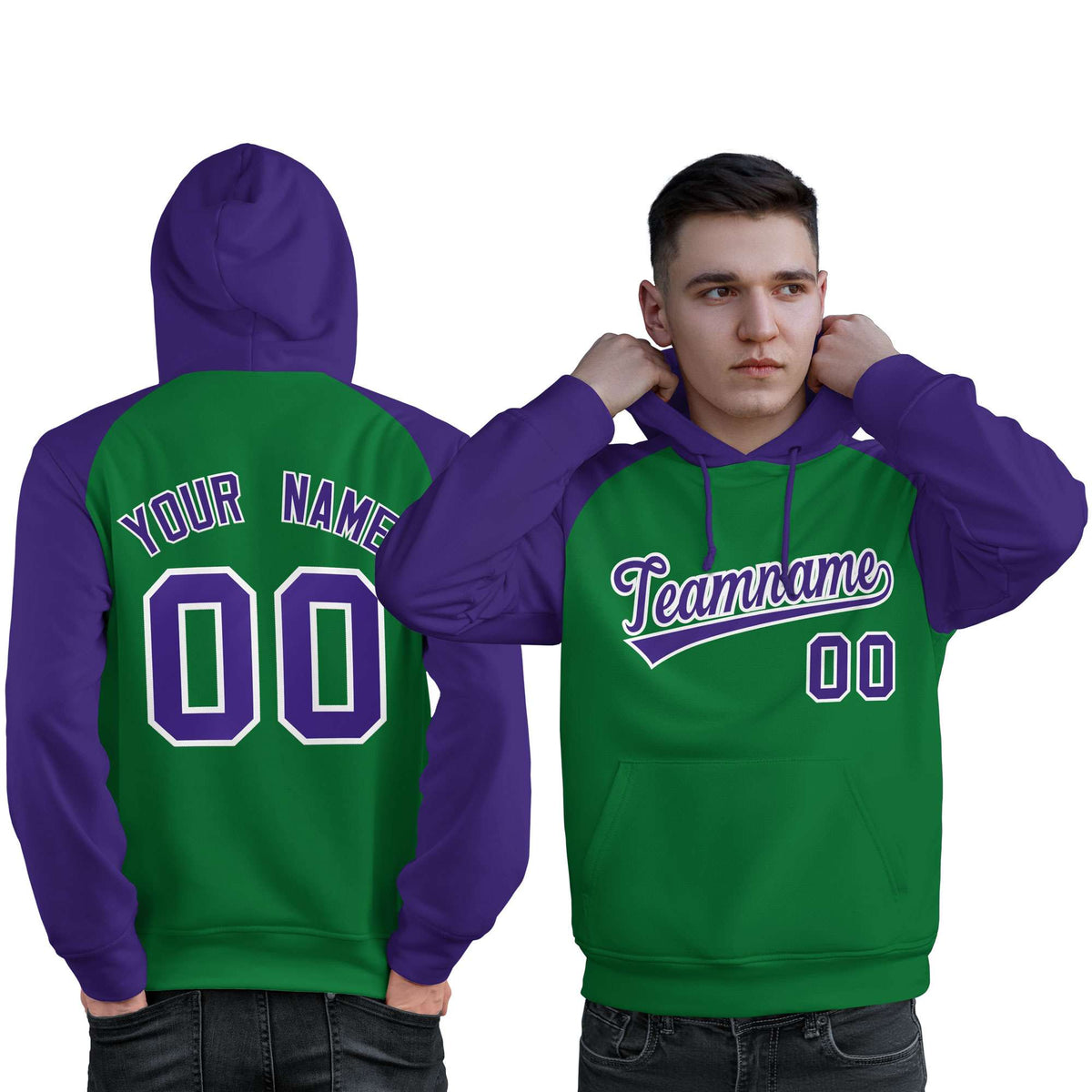 Custom Stitched Kelly Green Purple Raglan Sleeves Sports Pullover Sweatshirt Hoodie For Men| KXKSHOP