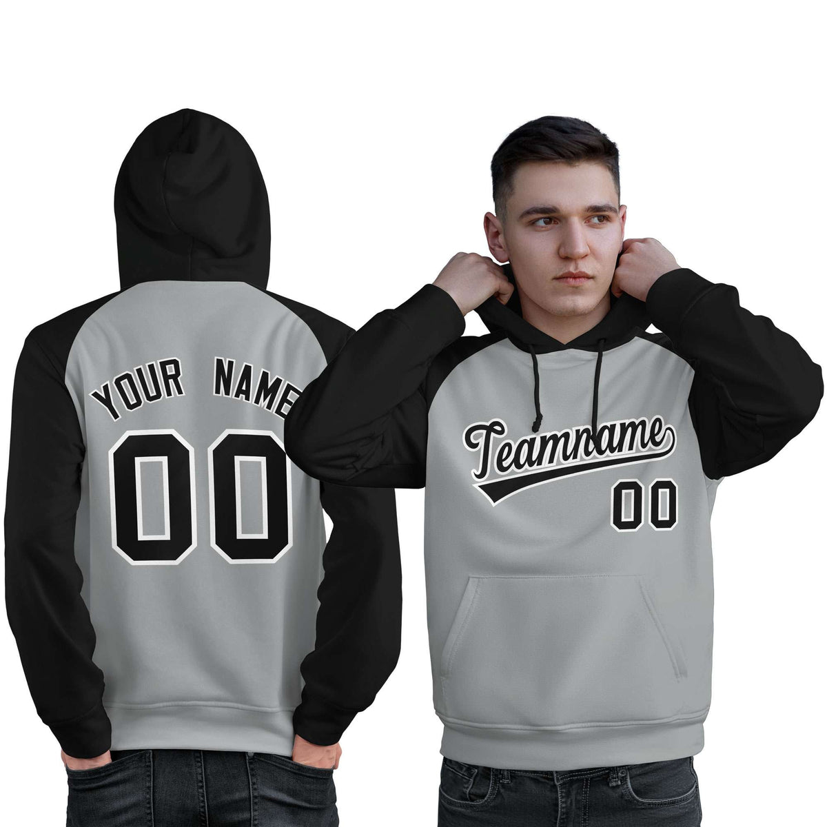 Custom Stitched Gray Black Raglan Sleeves Sports Pullover Sweatshirt Hoodie For Men| KXKSHOP
