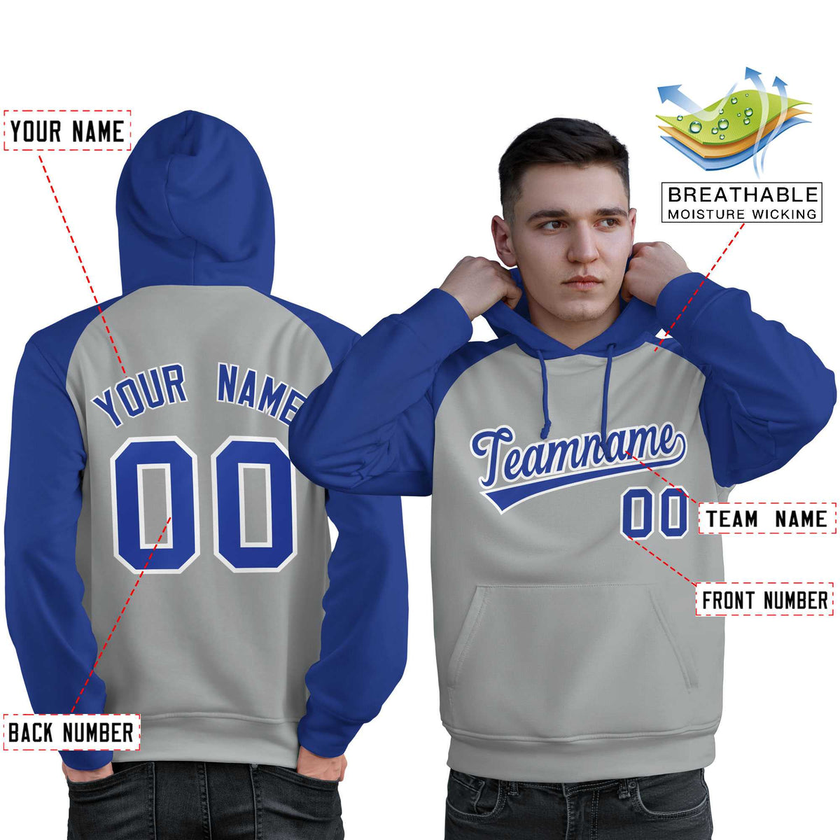 Custom Stitched Gray Royal Raglan Sleeves Sports Pullover Sweatshirt Hoodie For Men| KXKSHOP
