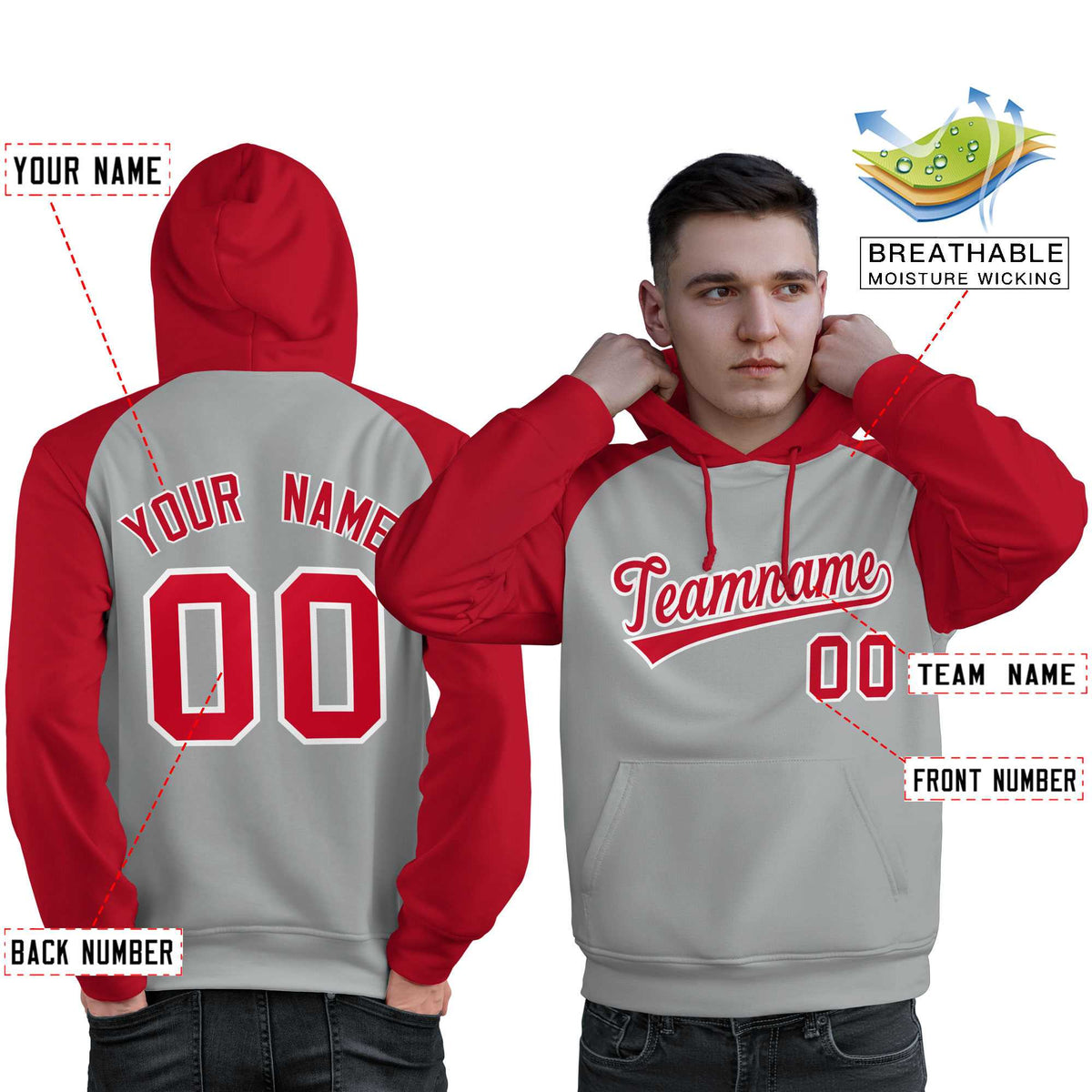 Custom Stitched Gray Red Raglan Sleeves Sports Pullover Sweatshirt Hoodie For Men| KXKSHOP