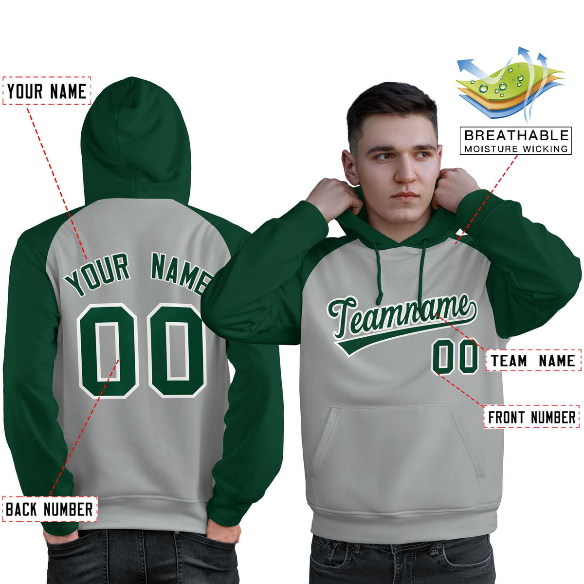 Custom Stitched Gray Green Raglan Sleeves Sports Pullover Sweatshirt Hoodie For Men| KXKSHOP