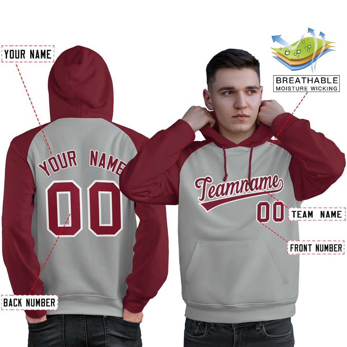 Custom Stitched Gray Crimson Raglan Sleeves Sports Pullover Sweatshirt Hoodie For Men| KXKSHOP