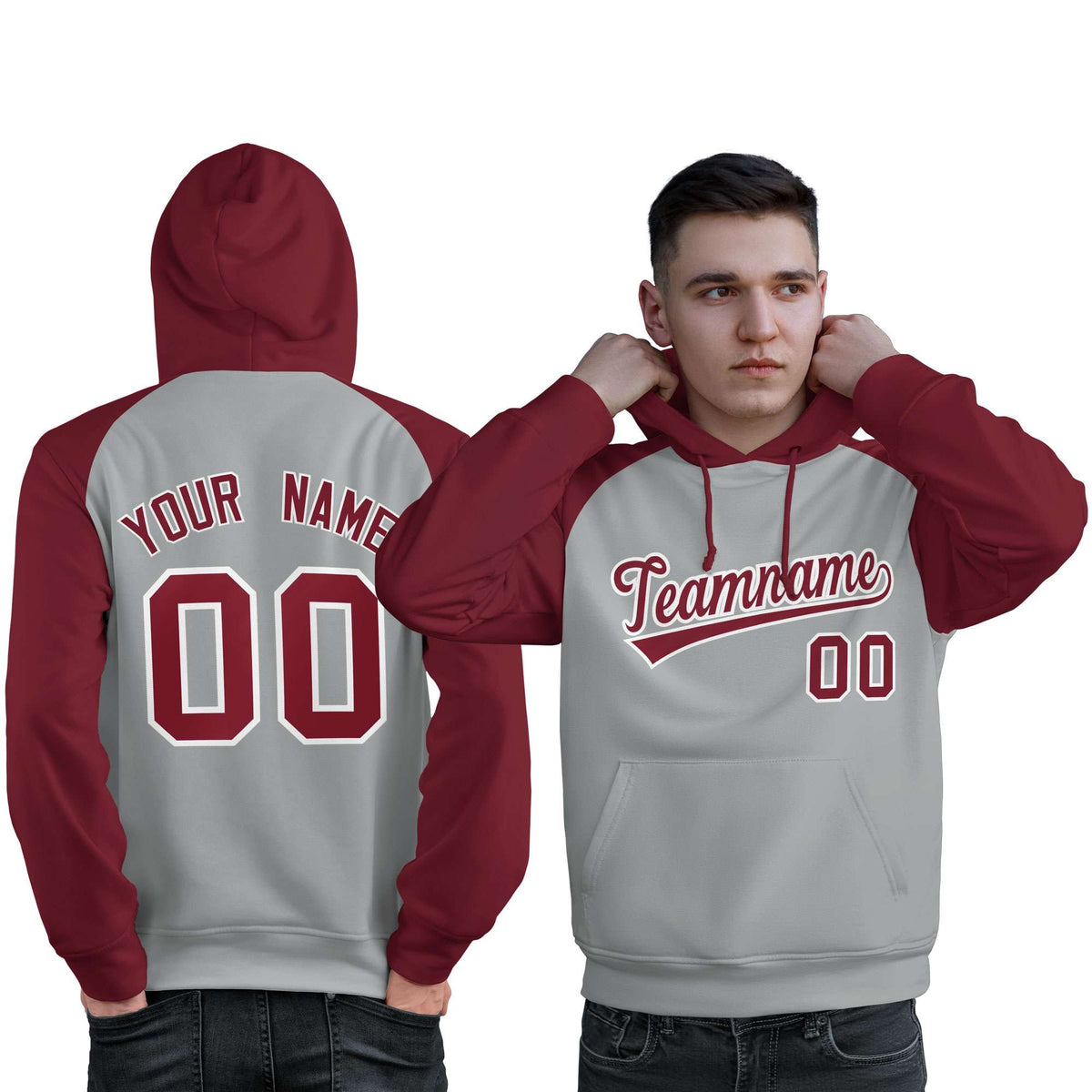 Custom Stitched Gray Crimson Raglan Sleeves Sports Pullover Sweatshirt Hoodie For Men| KXKSHOP