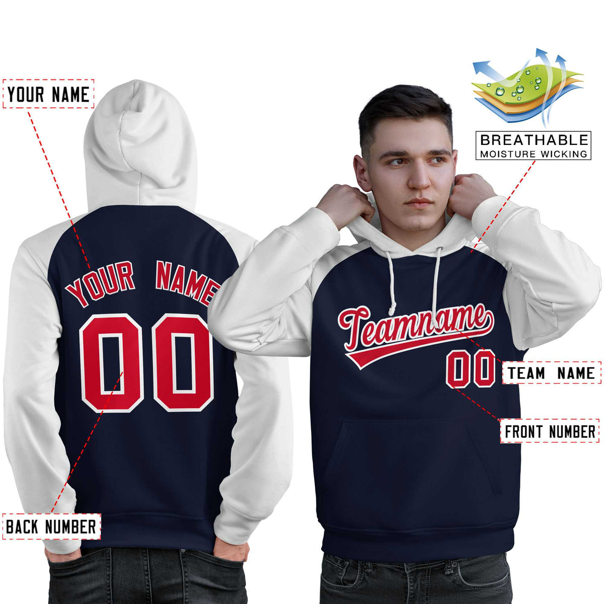 Custom Stitched Navy White-Red Raglan Sleeves Sports Pullover Sweatshirt Hoodie For Men| KXKSHOP