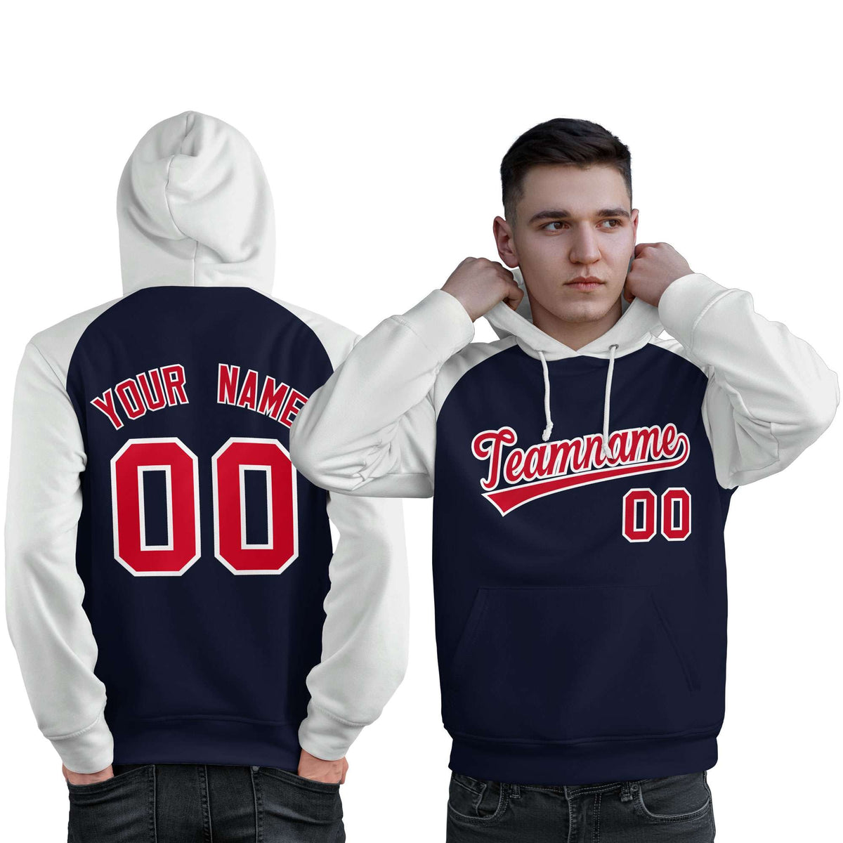 Custom Stitched Navy White-Red Raglan Sleeves Sports Pullover Sweatshirt Hoodie For Men| KXKSHOP
