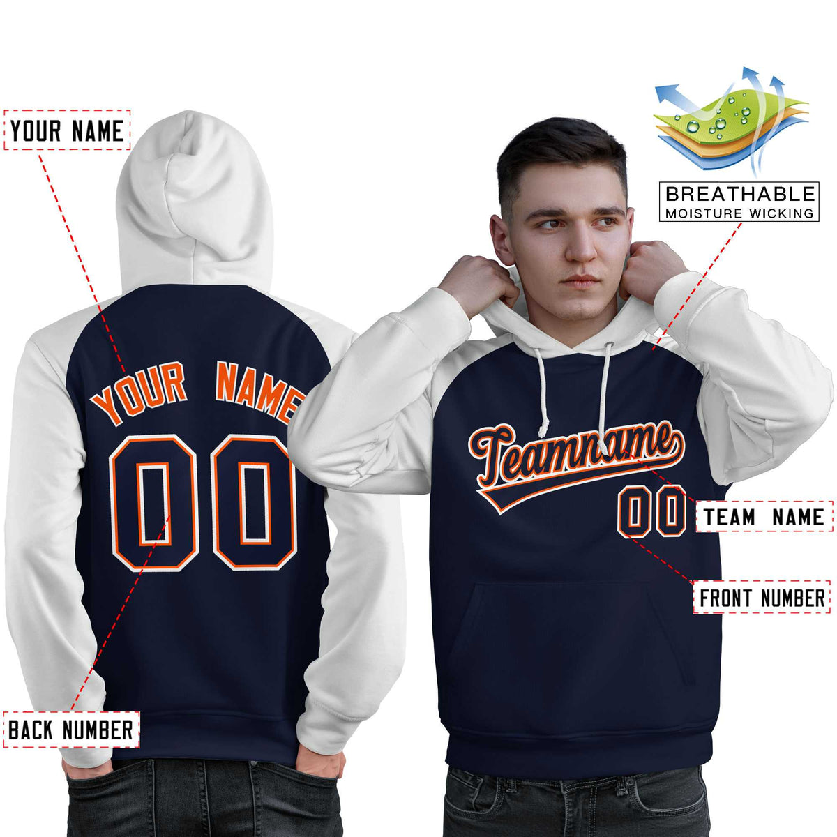 Custom Stitched Navy White Raglan Sleeves Sports Pullover Sweatshirt Hoodie For Men| KXKSHOP