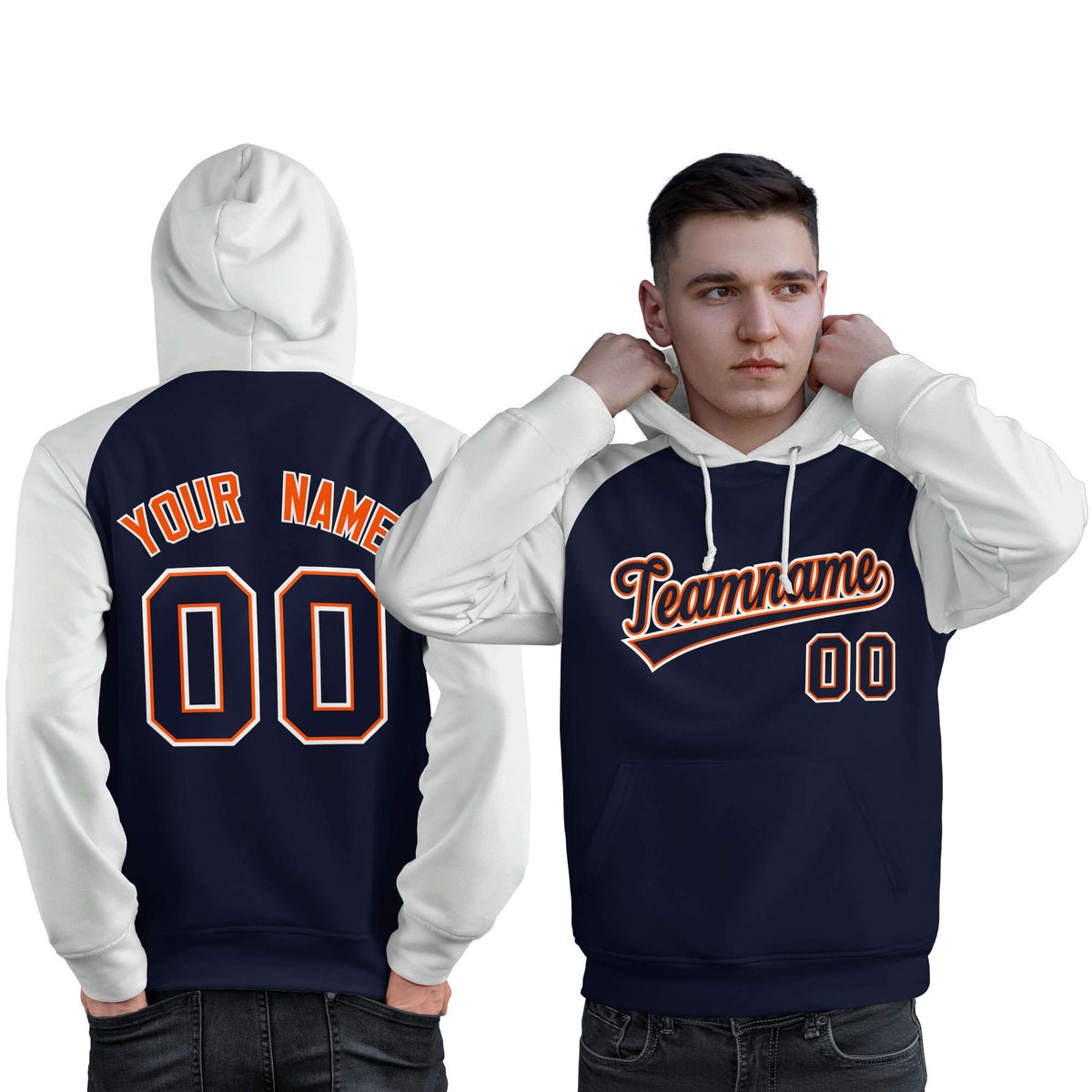 Custom Stitched Navy White Raglan Sleeves Sports Pullover Sweatshirt Hoodie For Men| KXKSHOP