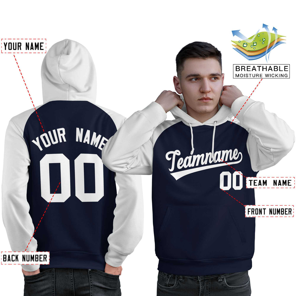 Custom Stitched Navy White Raglan Sleeves Sports Pullover Sweatshirt Hoodie For Men| KXKSHOP