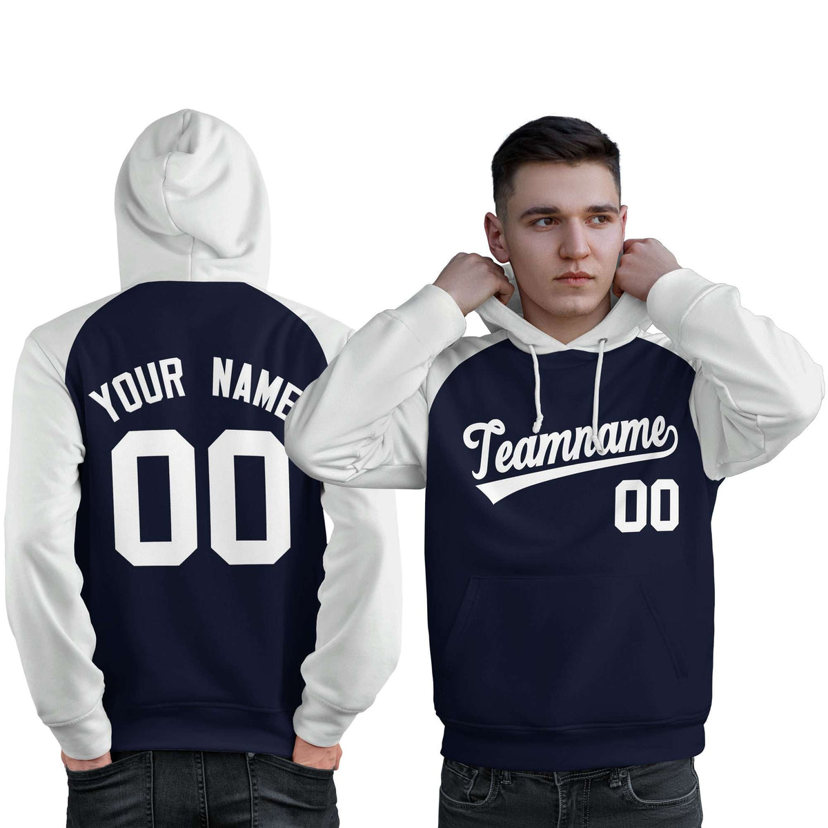 Custom Stitched Navy White Raglan Sleeves Sports Pullover Sweatshirt Hoodie For Men| KXKSHOP