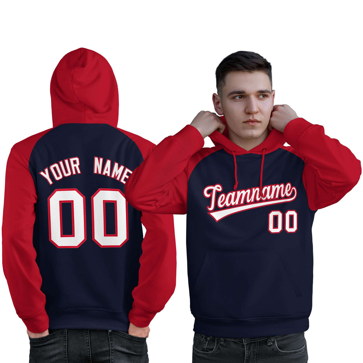 Custom Stitched Navy Red-White Raglan Sleeves Sports Pullover Sweatshirt Hoodie For Men| KXKSHOP