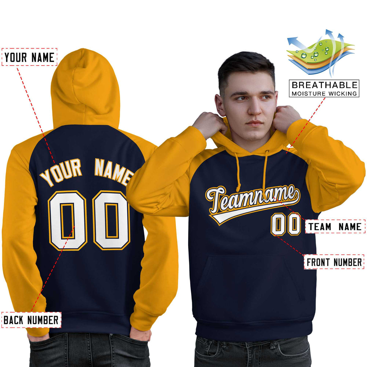 Custom Stitched Navy Gold-White Raglan Sleeves Sports Pullover Sweatshirt Hoodie For Men| KXKSHOP