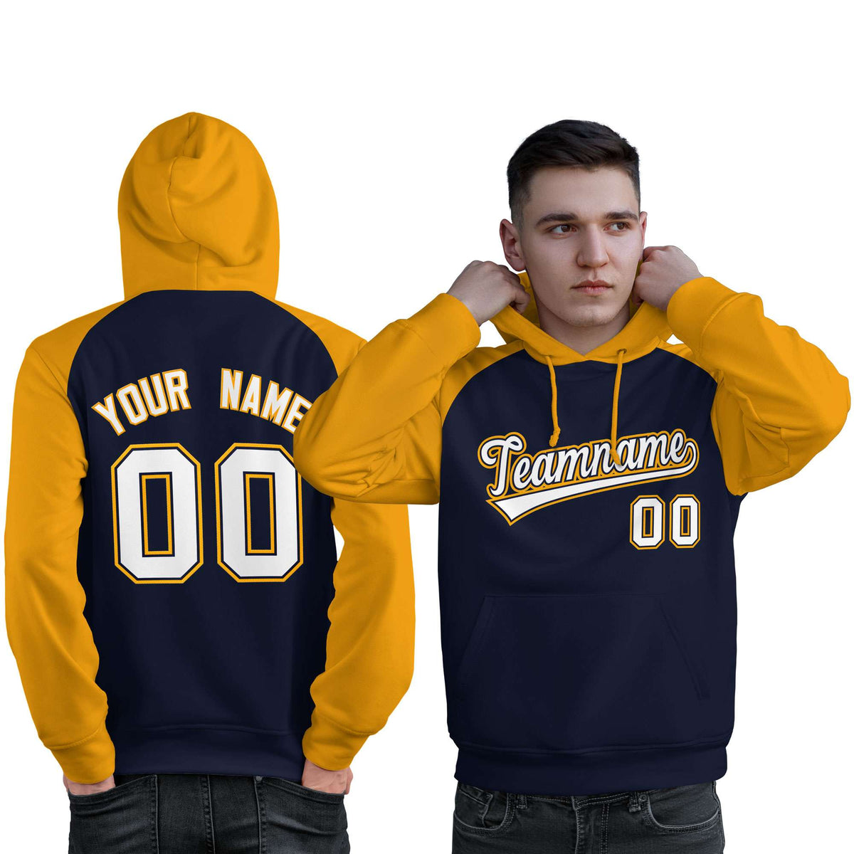 Custom Stitched Navy Gold-White Raglan Sleeves Sports Pullover Sweatshirt Hoodie For Men| KXKSHOP