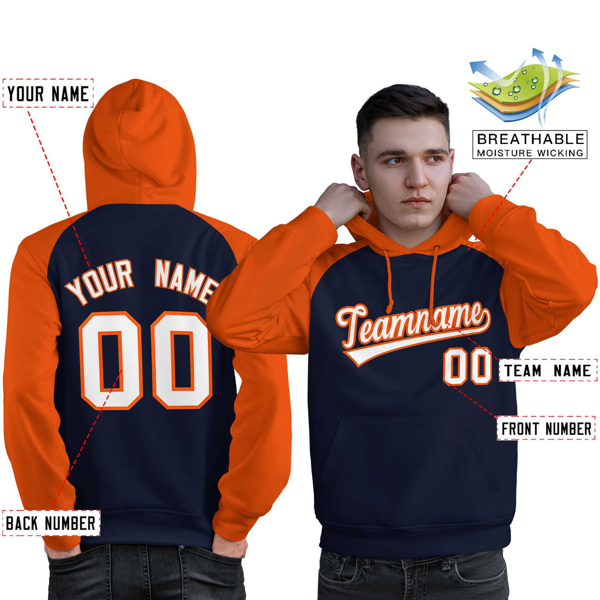 Custom Stitched Navy Orange-White Raglan Sleeves Sports Pullover Sweatshirt Hoodie For Men| KXKSHOP