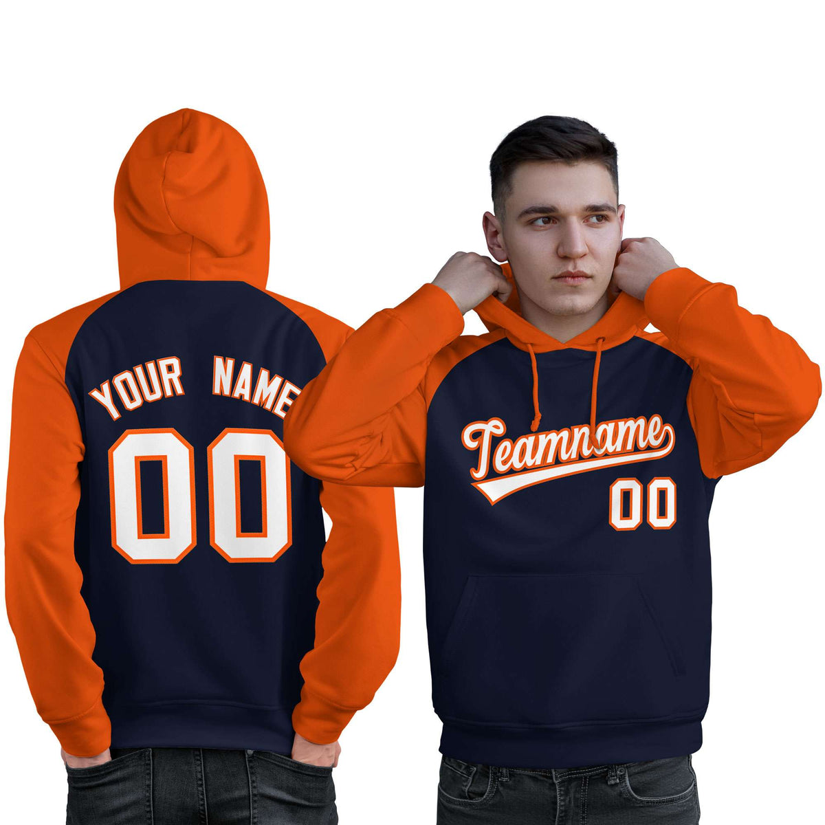 Custom Stitched Navy Orange-White Raglan Sleeves Sports Pullover Sweatshirt Hoodie For Men| KXKSHOP