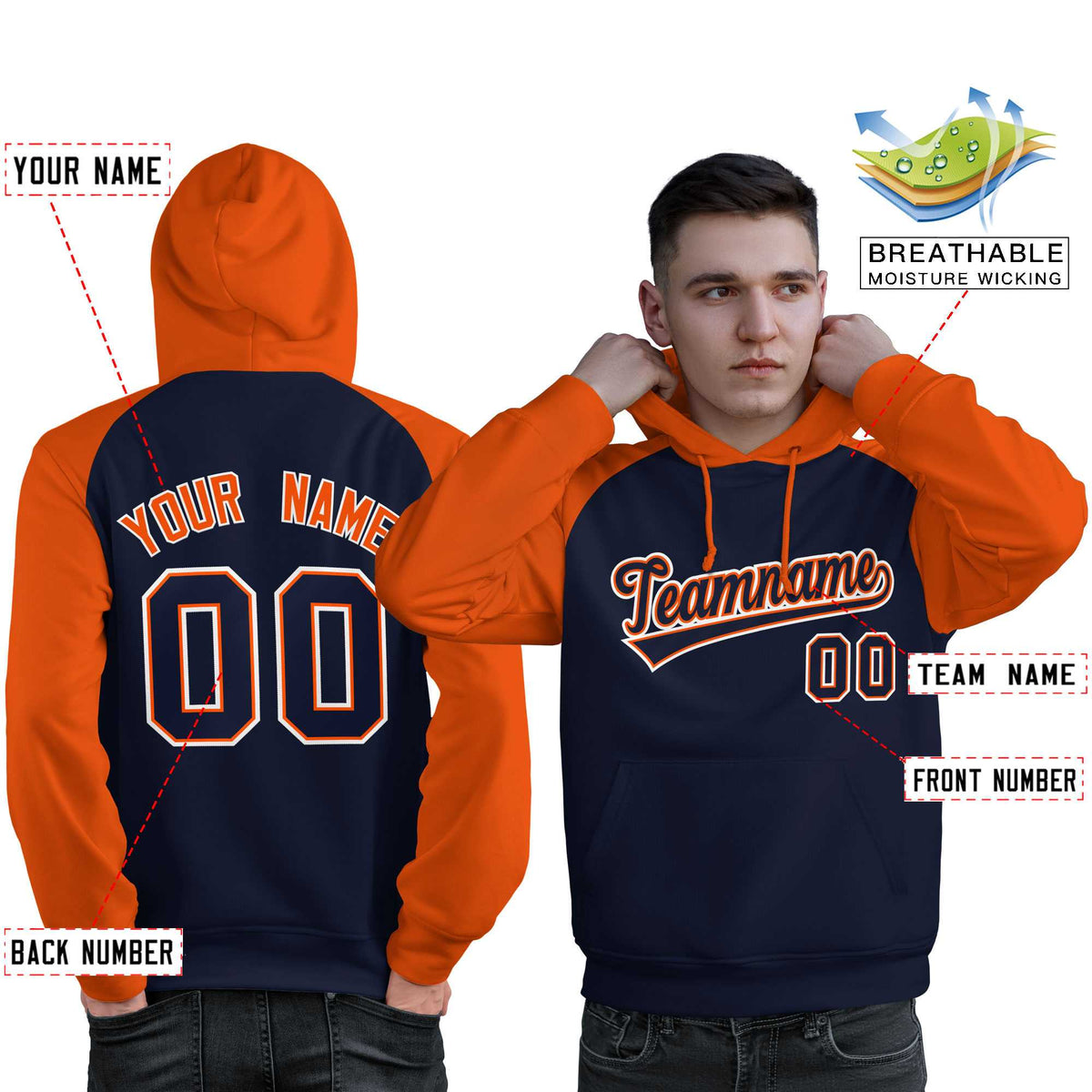 Custom Stitched Navy Orange Raglan Sleeves Sports Pullover Sweatshirt Hoodie For Men| KXKSHOP