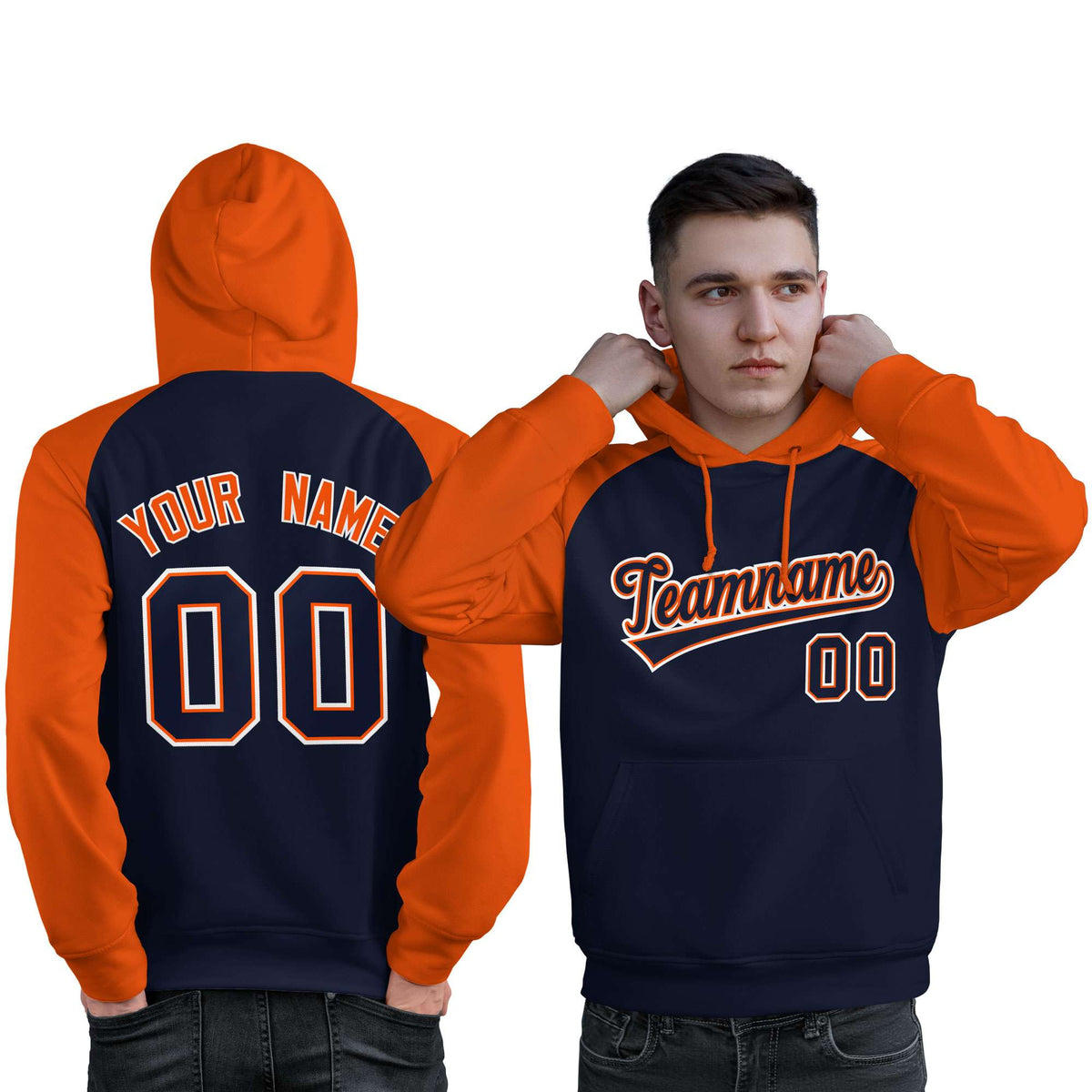 Custom Stitched Navy Orange Raglan Sleeves Sports Pullover Sweatshirt Hoodie For Men| KXKSHOP