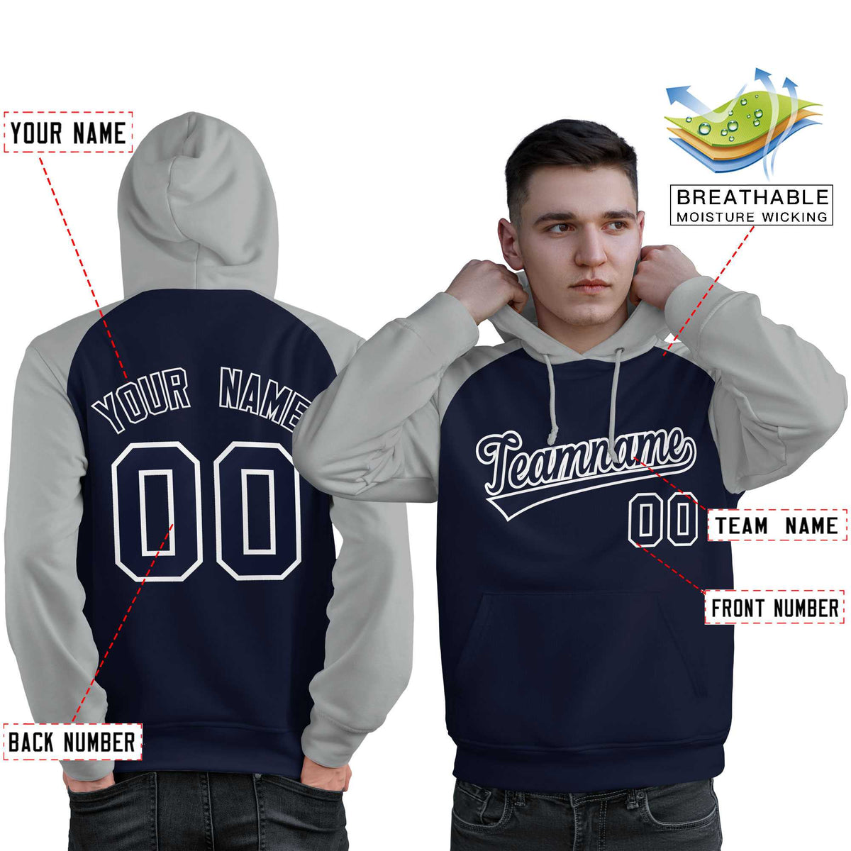 Custom Stitched Navy Gray Raglan Sleeves Sports Pullover Sweatshirt Hoodie For Men| KXKSHOP