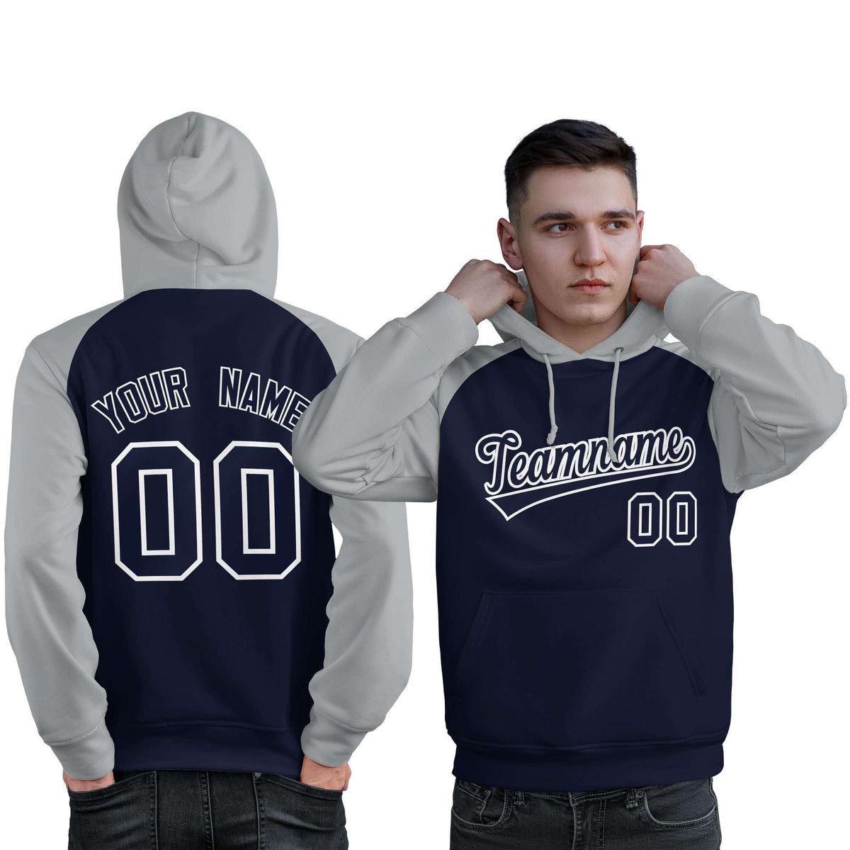 Custom Stitched Navy Gray Raglan Sleeves Sports Pullover Sweatshirt Hoodie For Men| KXKSHOP