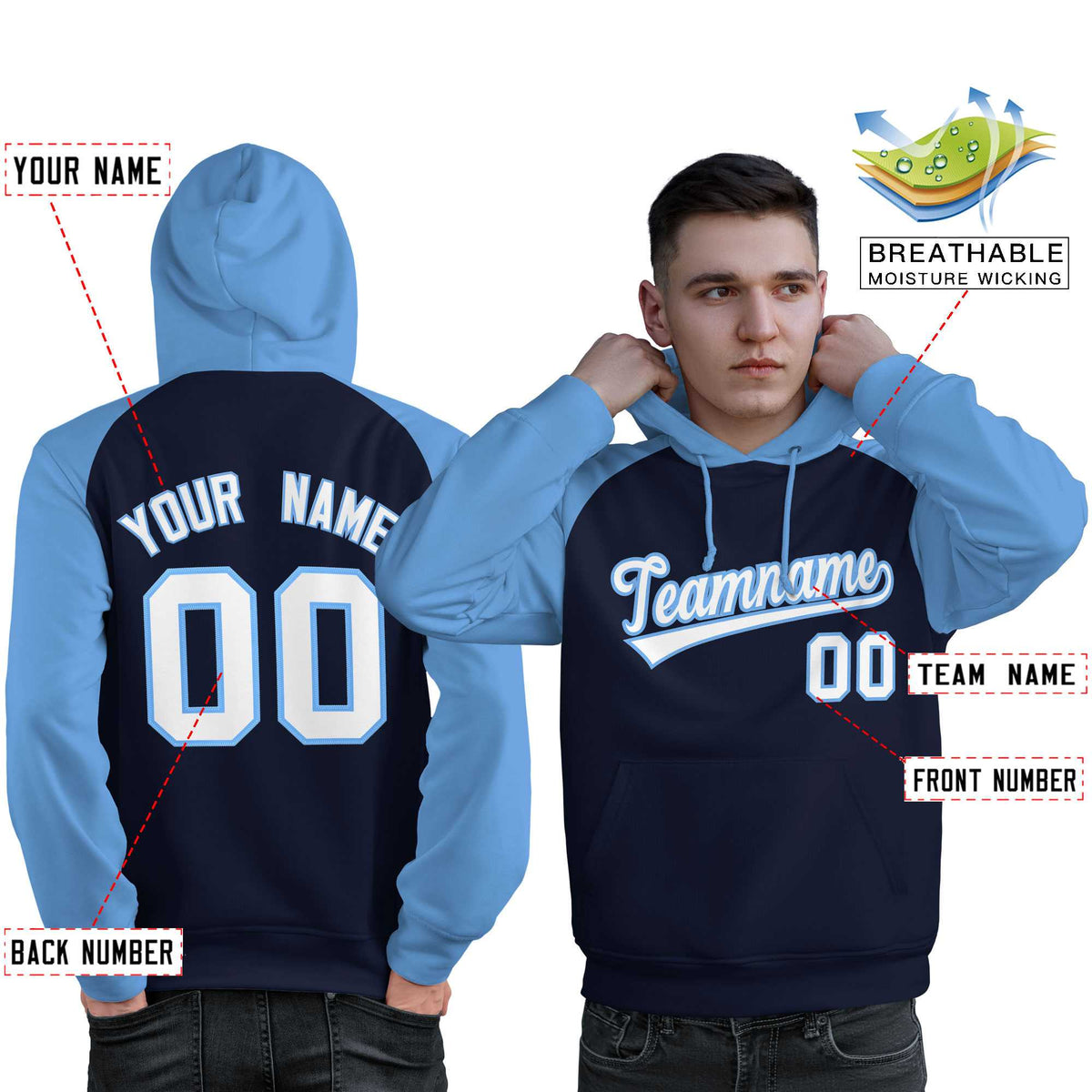 Custom Stitched Navy Powder Blue-White Raglan Sleeves Sports Pullover Sweatshirt Hoodie For Men| KXKSHOP