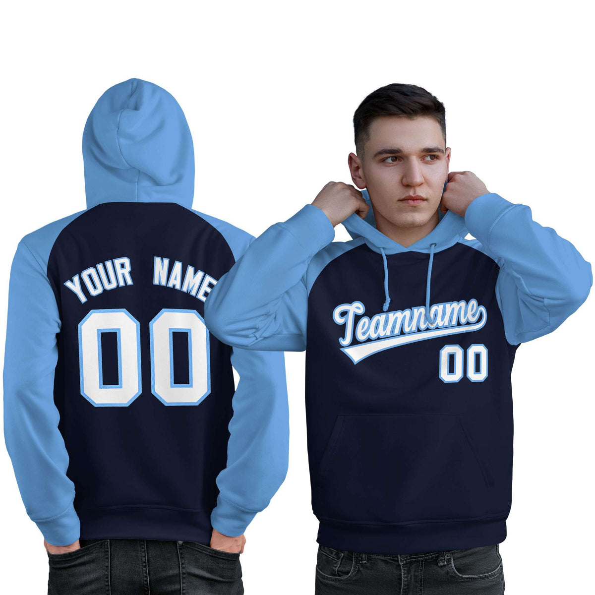 Custom Stitched Navy Powder Blue-White Raglan Sleeves Sports Pullover Sweatshirt Hoodie For Men| KXKSHOP