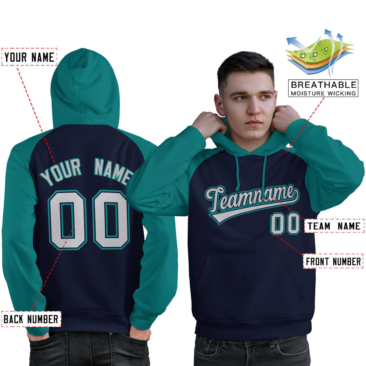 Custom Stitched Navy Aqua-Gray Raglan Sleeves Sports Pullover Sweatshirt Hoodie For Men| KXKSHOP