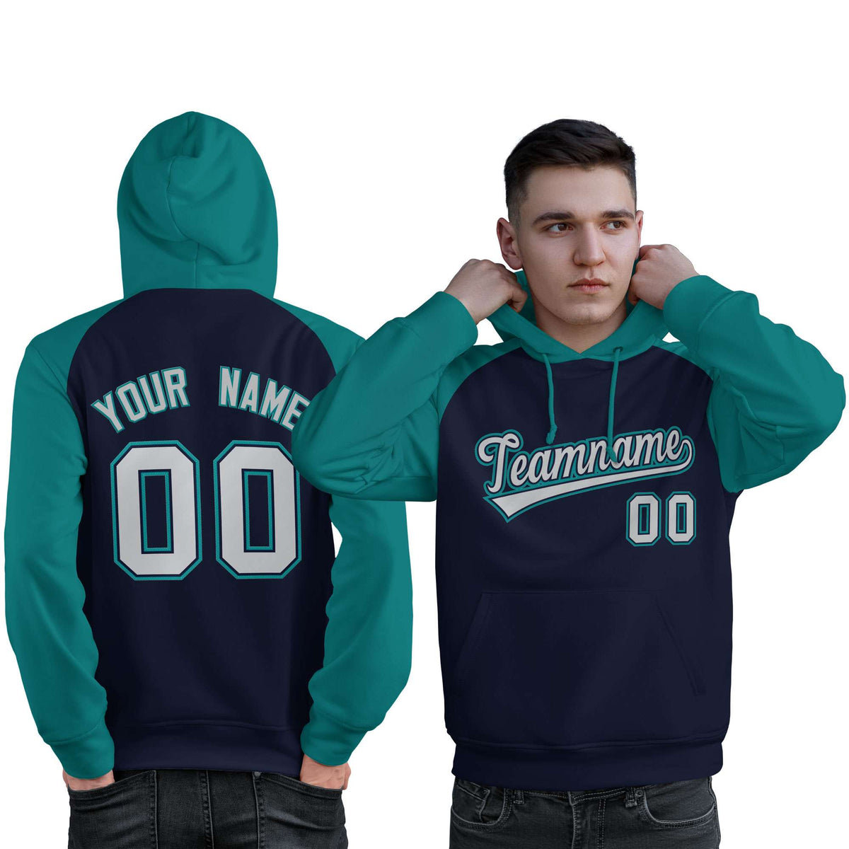 Custom Stitched Navy Aqua-Gray Raglan Sleeves Sports Pullover Sweatshirt Hoodie For Men| KXKSHOP