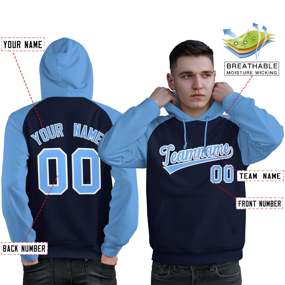 Custom Stitched Navy Powder Blue Raglan Sleeves Sports Pullover Sweatshirt Hoodie For Men| KXKSHOP