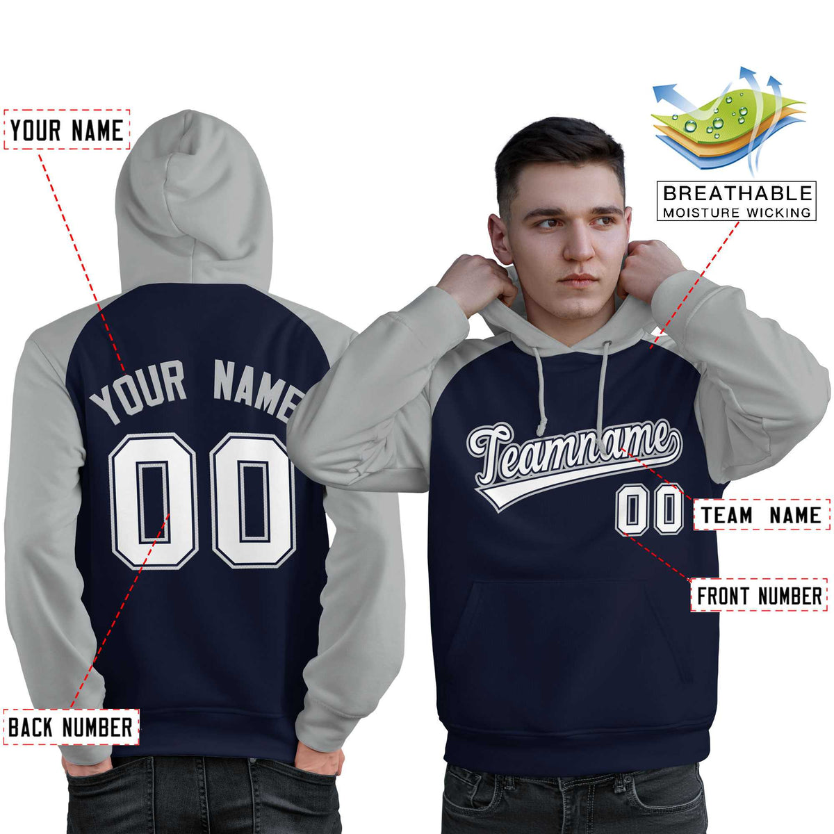 Custom Stitched Navy Gray-White Raglan Sleeves Sports Pullover Sweatshirt Hoodie For Men| KXKSHOP