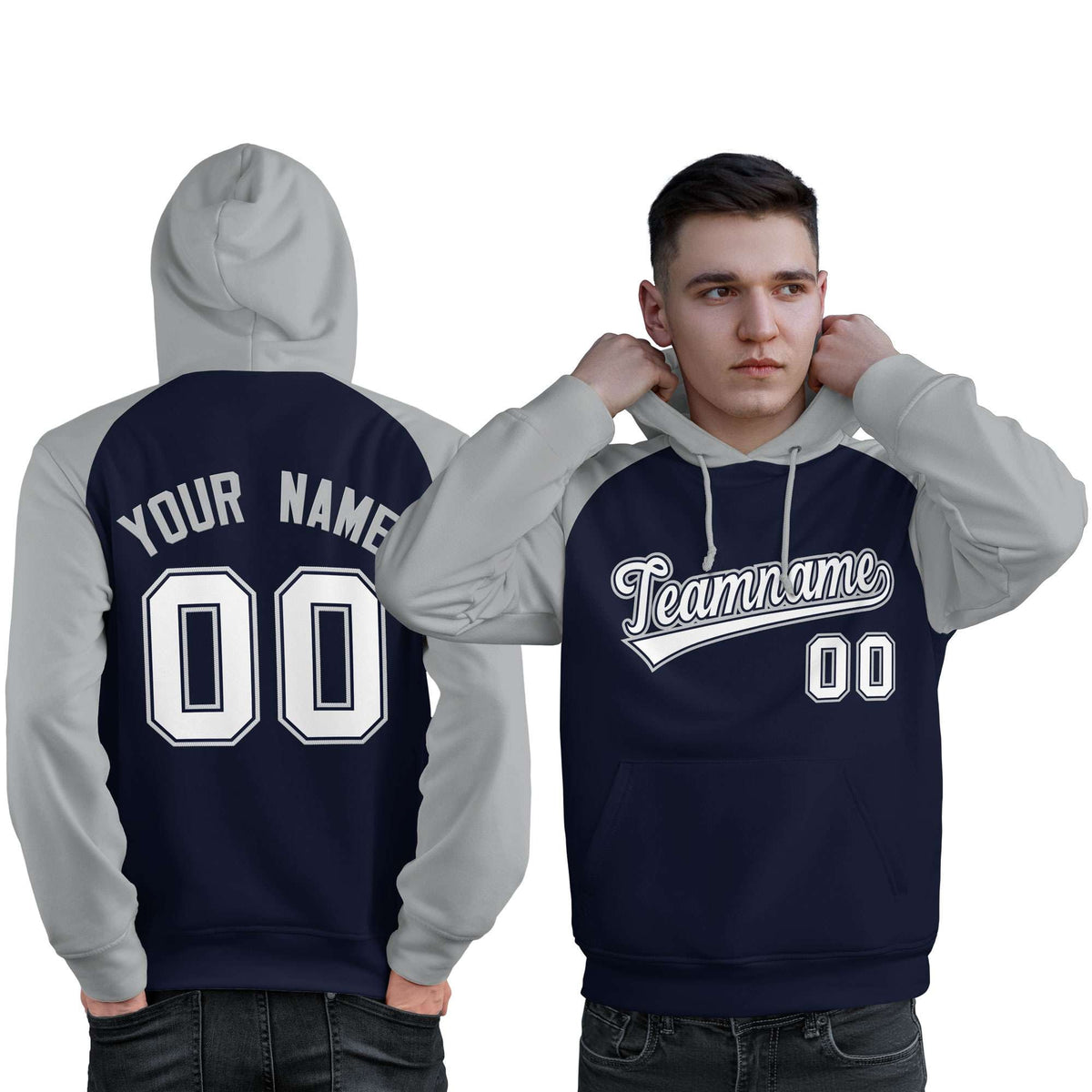 Custom Stitched Navy Gray-White Raglan Sleeves Sports Pullover Sweatshirt Hoodie For Men| KXKSHOP