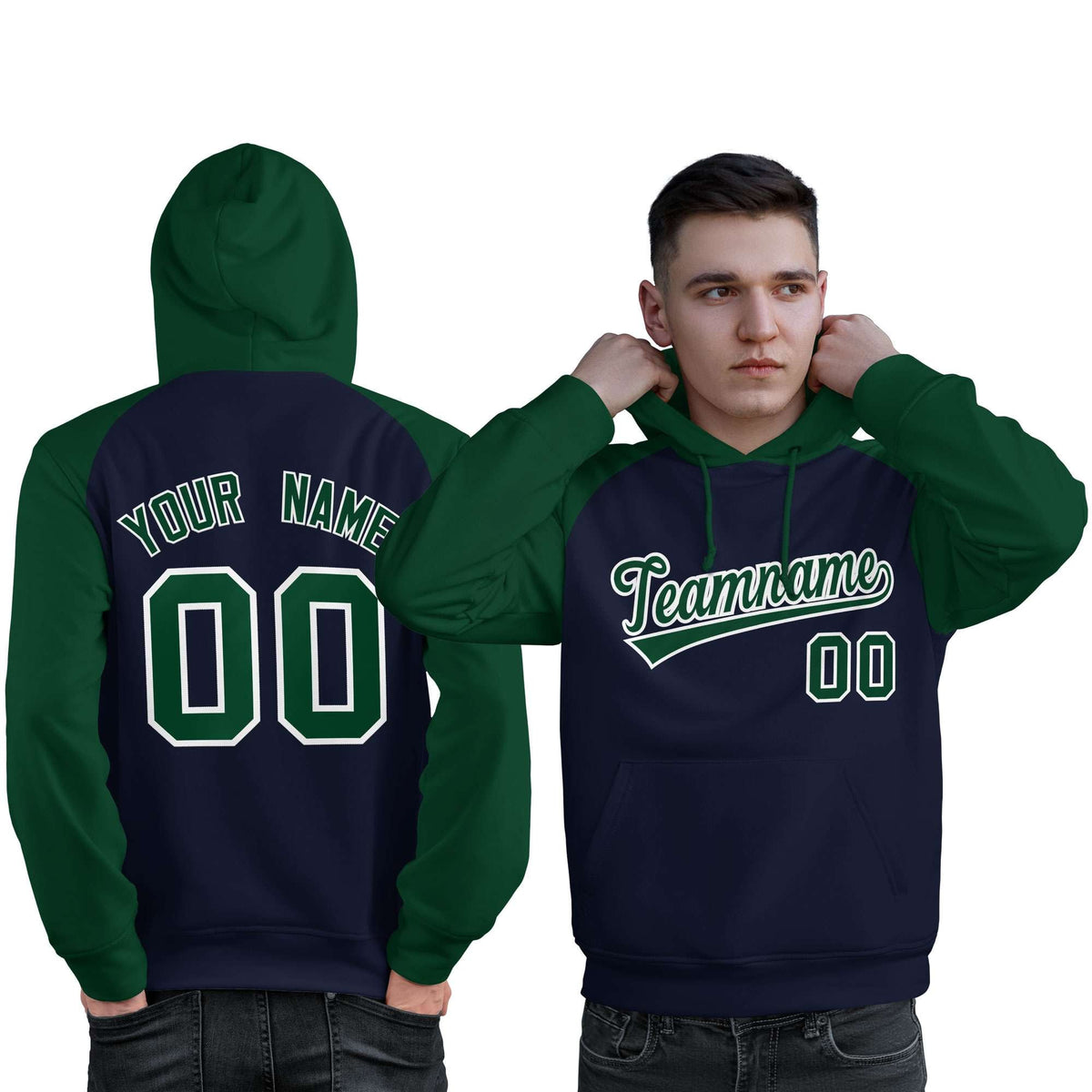 Custom Stitched Navy Green Raglan Sleeves Sports Pullover Sweatshirt Hoodie For Men| KXKSHOP