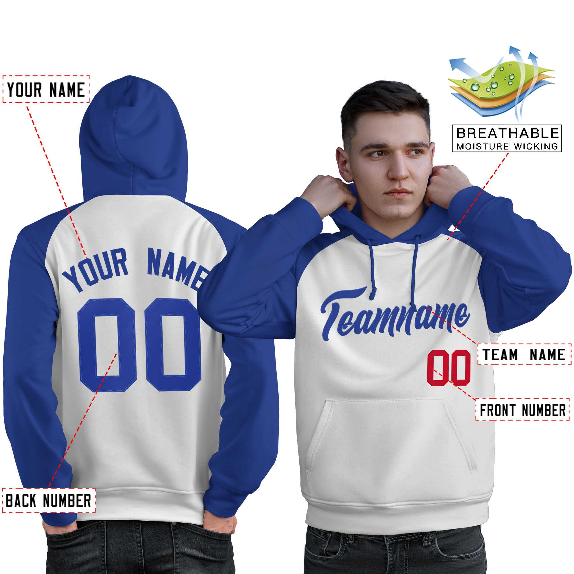 Custom Stitched White Royal Raglan Sleeves Sports Pullover Sweatshirt Hoodie For Men| KXKSHOP