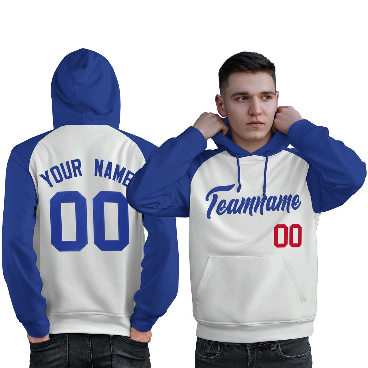 Custom Stitched White Royal Raglan Sleeves Sports Pullover Sweatshirt Hoodie For Men| KXKSHOP