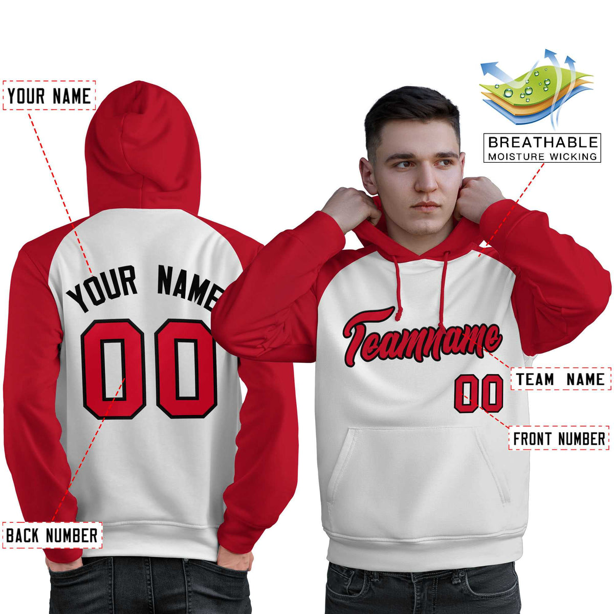 Custom Stitched White Red Raglan Sleeves Sports Pullover Sweatshirt Hoodie For Men| KXKSHOP