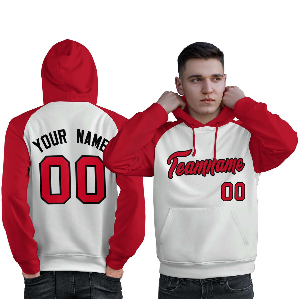 Custom Stitched White Red Raglan Sleeves Sports Pullover Sweatshirt Hoodie For Men| KXKSHOP